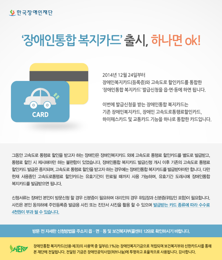 
한국장애인재단
‘장애인통합 복지카드’ 출시, 하나면 ok!
2014년 12월 24일부터 장애인복지카드(등록증)와 고속도로 할인카드를 통합한 ‘장애인통합 복지카드’ 발급신청을 읍·면·동에 하면 됩니다.
이번에 발급신청을 받는 장애인통합 복지카드는 기존 장애인복지카드, 장애인 고속도로통행료할인카드, 하이패스카드 및 교통카드 기능을 하나로 통합한 카드입니다.

그동안 고속도로 통행료 할인을 받고자 하는 장애인은 장애인복지카드 외에 고속도로 통행료 할인카드를 별도로 발급받고, 통행료 할인 시 제시해야만 하는 불편함이 있었습니다. 장애인통합 복지카드 발급신청 개시 이후 기존의 고속도로 통행료 할인카드 발급은 중지되며, 고속도로 통행료 할인을 받고자 하는 경우에는 장애인통합 복지카드를 발급받아야만 합니다. 다만 현재 사용중인 고속도로통행료 할인카드는 유효기간이 만료될 때까지 사용 가능하며, 유효기간 도래시에 장애인통합 복지카드를 발급받으면 됩니다. 

신청서류는 장애인 본인이 방문신청 할 경우 신분증이 필요하며 대리인의 경우 위임장과 신분증(위임인 포함)이 필요합니다. 사진은 본인 동의하에 주민등록증 발급용 사진 또는 진단서 사진을 활용 할 수 있으며 발급받는 카드 종류에 따라 수수료4천원이 부과 될 수 있습니다.

방문 전 자세한 신청방법을 주소지 읍·면·동 및 보건복지부(콜센터 129)로 확인하시기 바랍니다.

장애인통합 복지카드(신용·체크)의 사용액 중 일부(0.1%)는 장애인복지기금으로 적립되며 보건복지부와 신한카드사를 통해 본 재단에 전달됩니다. 전달된 기금은 장애인공익사업(허브나눔)에 투명하고 효율적으로 사용됩니다. 감사합니다.

