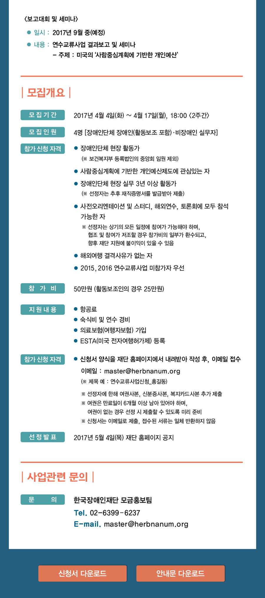 

보고대회 및 세미나

일시 : 2017년 9월 중(예정)
내용 : 연수교류사업 결과보고 및 세미나
주제 : 미국의 사람중심계획에 기반한 개인예산

모집개요

모 집 기 간 2017년 4월 4일(화) ~ 4월 17일(월), 18:00 2주간
모 집 인 원 4명 장애인단체 장애인(활동보조 포함)·비장애인 실무자
참가 신청 자격 
장애인단체 현장 활동가
(보건복지부 등록법인의 중앙회 임원 제외)
사람중심계획에 기반한 개인예산제도에 관심있는 자
장애인단체 현장 실무 3년 이상 활동가
(선정자는 추후 재직증명서를 발급받아 제출)
사전오리엔테이션 및 스터디, 해외연수, 토론회에 모두 참석
가능한 자
선정자는 상기의 모든 일정에 참여가 가능해야 하며,
협조 및 참여가 저조할 경우 참가비의 일부가 환수되고,
향후 재단 지원에 불이익이 있을 수 있음
해외여행 결격사유가 없는 자
2015, 2016 연수교류사업 미참가자 우선
참가 신청 자격 신청서 양식을 재단 홈페이지에서 내려받아 작성 후, 이메일 접수
이메일 : master@herbnanum.org
(제목 예 : 연수교류사업신청_홍길동)
선정자에 한해 여권사본, 신분증사본, 복지카드사본 추가 제출
여권은 만료일이 6개월 이상 남아 있어야 하며,
여권이 없는 경우 선정 시 제출할 수 있도록 미리 준비
신청서는 이메일로 제출, 접수된 서류는 일체 반환하지 않음
선 정 발 표 2017년 5월 4일(목) 재단 홈페이지 공지

사업관련 문의

문 의 한국장애인재단 모금홍보팀
Tel. 02-6399–6237
E-mail. master@herbnanum.org
참 가 비 50만원 (활동보조인의 경우 25만원)