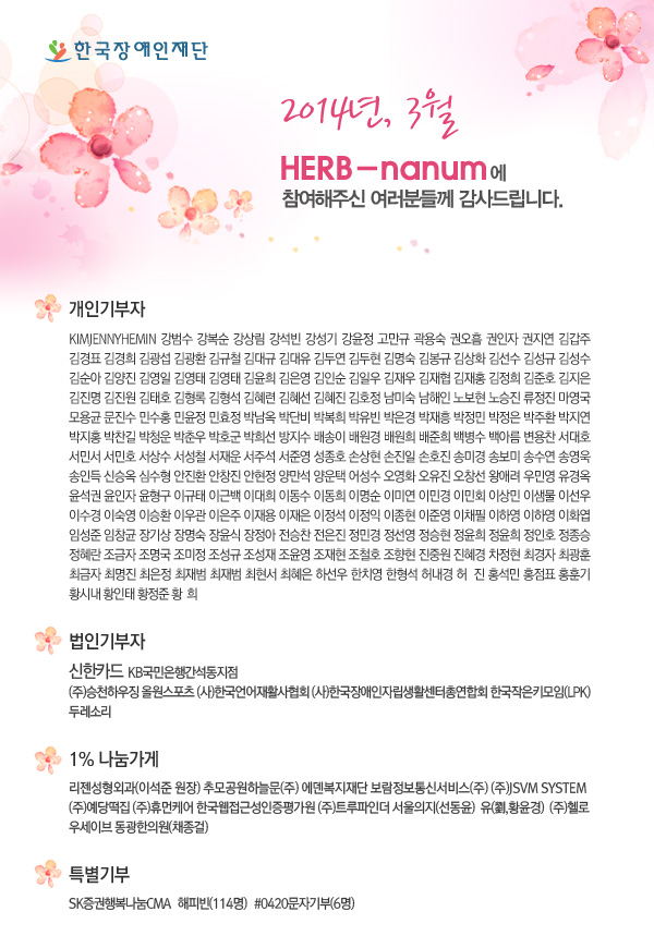 2014년, 3월 HERB-nanum에 참여해주신 여러분들께 감사드립니다.

개인기부자 - KIMJENNYHEMIN 강범수 강복순 강상림 강석빈 강성기 강윤정 고만규 곽용숙 권오흠 권인자 권지연 김갑주 김경표 김경희 김광섭 김광환 김규철 김대규 김대유 김두연 김두현 김명숙 김봉규 김상화 김선수 김성규 김성수 김순아 김양진 김영일 김영태 김영태 김윤희 김은영 김인순 김일우 김재우 김재협 김재홍 김정희 김준호 김지은 김진명 김진원 김태호 김형록 김형석 김혜련 김혜선 김혜진 김호정 남미숙 남해인 노보현 노승진 류정진 마영국 모용균 문진수 민수홍 민윤정 민효정 박남옥 박단비 박복희 박유빈 박은경 박재흥 박정민 박정은 박주환 박지연 박지홍 박찬길 박청운 박춘우 박호군 박희선 방지수 배송이 배원경 배원희 배준희 백병수 백아름 변용찬 서대호 서민서 서민호 서상수 서성철 서재운 서주석 서준영 성종호 손상현 손진일 손호진 송미경 송보미 송수연 송영욱 송인득 신승옥 심수형 안진환 안창진 안현정 양만석 양운택 어성수 오영화 오유진 오창선 왕애려 우민영 유경옥 윤석권 윤인자 윤형구 이규태 이근백 이대희 이동수 이동희 이명순 이미연 이민경 이민회 이상민 이샘물 이선우 이수경 이숙영 이승환 이우관 이은주 이재용 이재은 이정석 이정익 이종현 이준영 이채필 이하영 이하영 이화엽 임성준 임창균 장기상 장명숙 장윤식 장정아 전승찬 전은진 정민경 정선영 정승현 정윤희 정윤희 정인호 정종승 정혜란 조금자 조명국 조미정 조성규 조성재 조윤영 조재현 조철호 조향현 진중원 진혜경 차정현 최경자 최광훈 최금자 최명진 최은정 최재범 최재범 최현서 최혜은 하선우 한치영 한형석 허내경 허  진 홍석민 홍점표 홍훈기 황시내 황인태 황정준 황  희 

법인기부자 - 신한카드 (사)한국언어재활사협회 (사)한국장애인자립생활센터총연합회 (주)승천하우징 한국작은키모임(LPK) 올원스포츠 두레소리 국민은행간석동지점

1% 나눔가게 - (주)예당떡집 (주)JSVM SYSTEM (주)트루파인더 (주)헬로우세이브 (주)휴먼케어 리젠성형외과(이석준 원장) 보람정보통신서비스(주) 한국웹접근성인증평가원 서울의지(선동윤) 에덴복지재단 추모공원하늘문(주) 유(劉,황윤경) 동광한의원(채종걸)

특별기부 -  SK증권 해피빈(숨은천사 외 113명) #0420문자기부(010-****-3737님 외 5명)