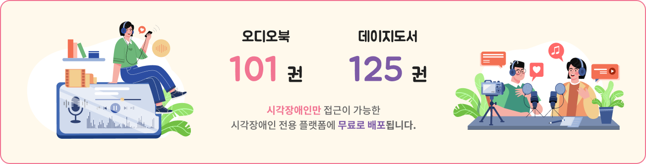 오디오북 101권, 데이지도서 125권, 시각장애인만 접근이 가능한 시각장애인 전용 플랫폼에 무료로 배포 됩니다.